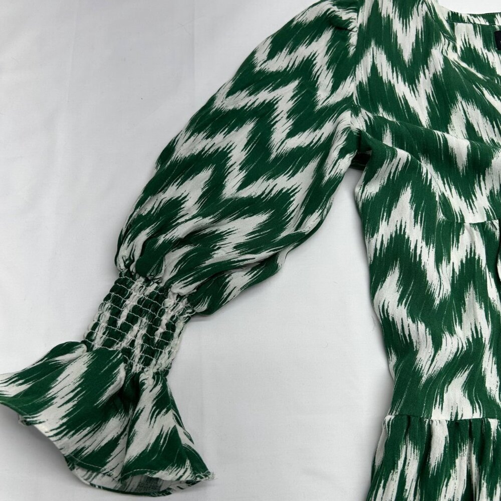 Pomander Place Ikat Kenzo Dress XS Green White Chevron Print Tiered V-Neck Ruffl - Picture 14 of 15